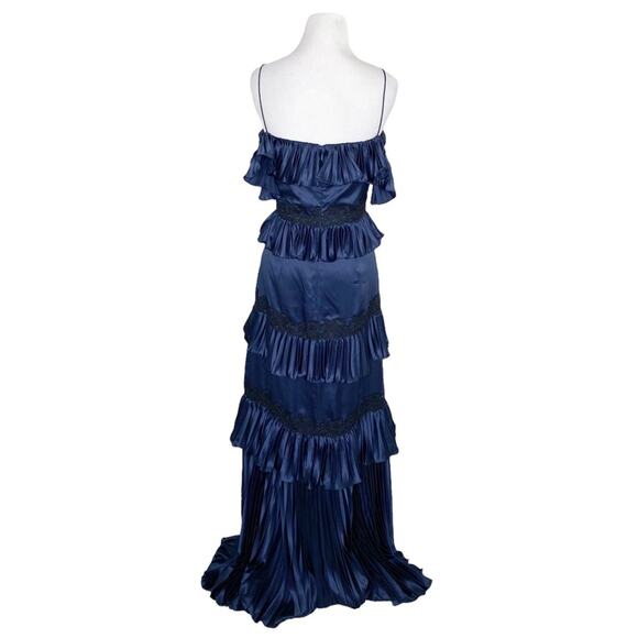 AMUR Ariel Satin Off the Shoulder Pleated Lace Maxi Dress Gown Navy Blue Size 0 - Picture 5 of 9